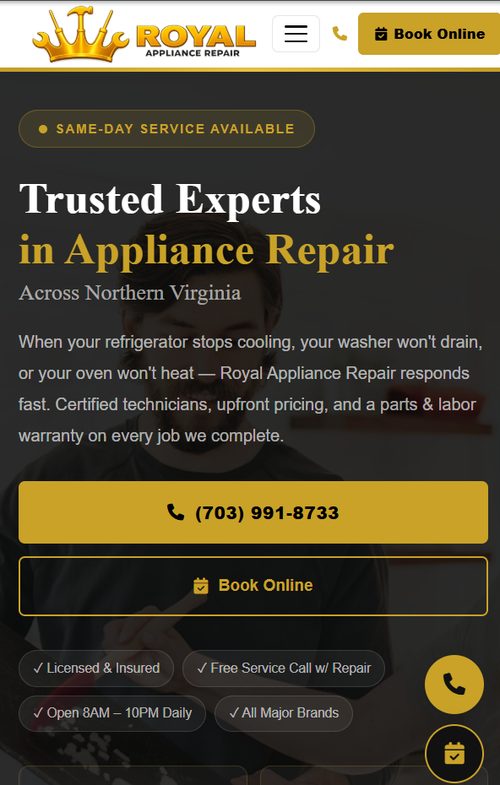 Royal Appliance Repair website on mobile