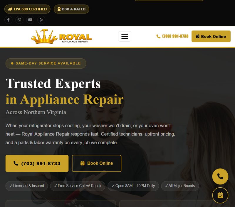 Royal Appliance Repair website on tablet