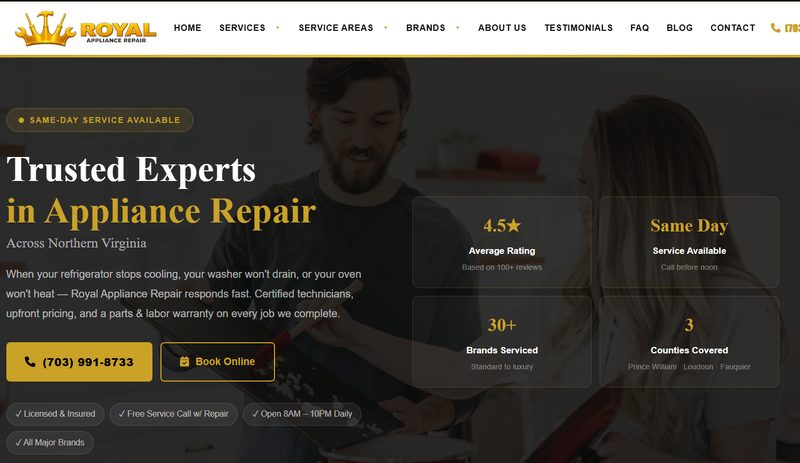 Royal Appliance Repair website on desktop